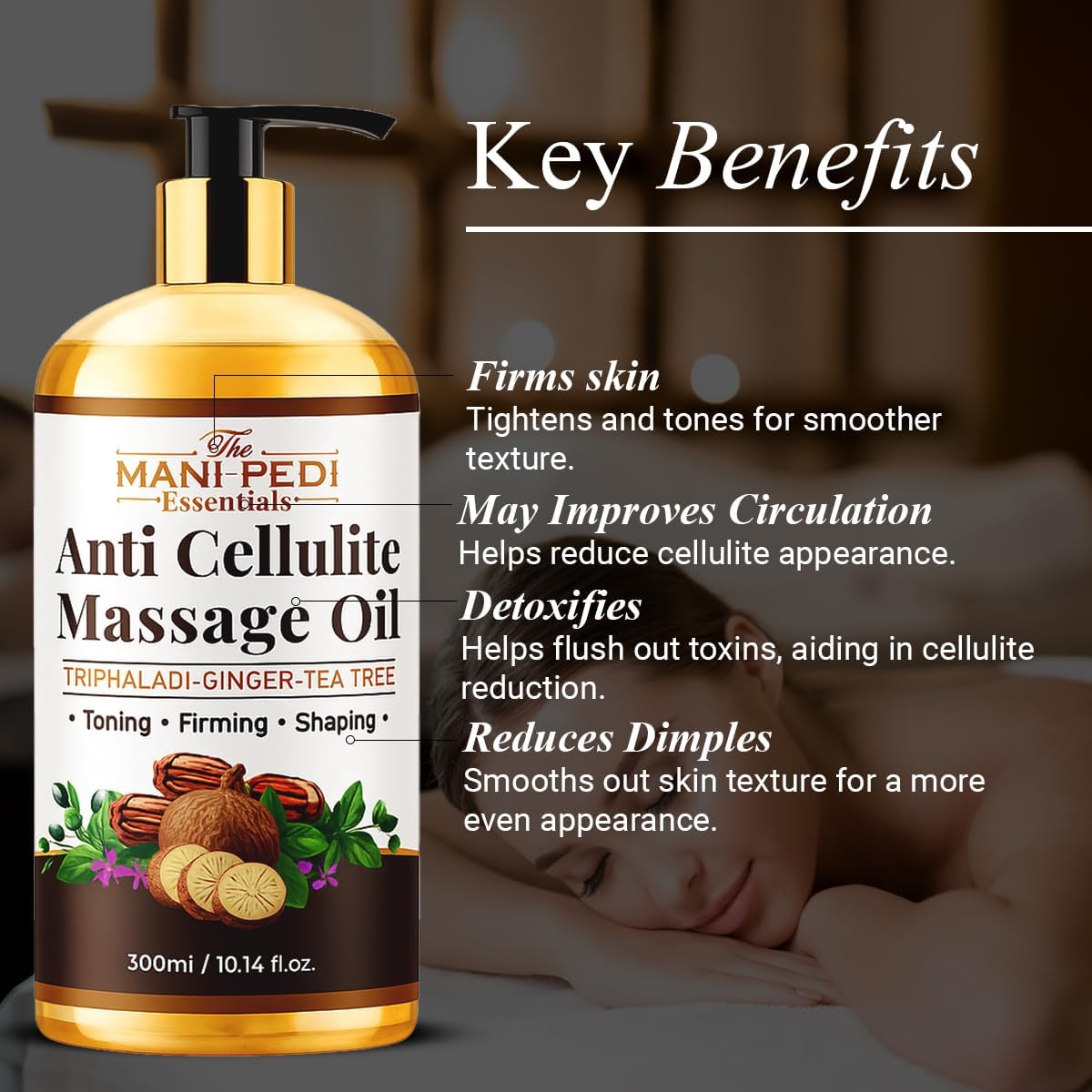 Anti Cellulite Massage Oil with Ginger Oil, Tea-Tree Oil & Natural Herbs for Toning, Firming & Shaping. 100% Natural Ingredients, Non-Sticky Texture - 10 Fl Oz-Velvo Beauty