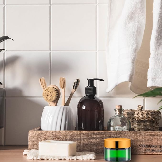 Lil Ray 1 oz Round Green Glass Jar with Inner Liners and Gold Lid (12pcs)-Velvo Beauty