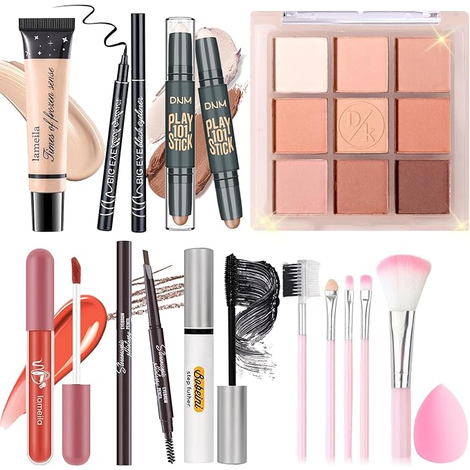 Makeup Set Kit for Women Girls Teens, Makeup Present Set, Includes 9 Color Eyeshadow, Counter Stick, Foundation, Eyebrow Pencil, Eyeliner, Mascara, Lip Gloss, 5Pcs Brushes, Sponge-Velvo Beauty
