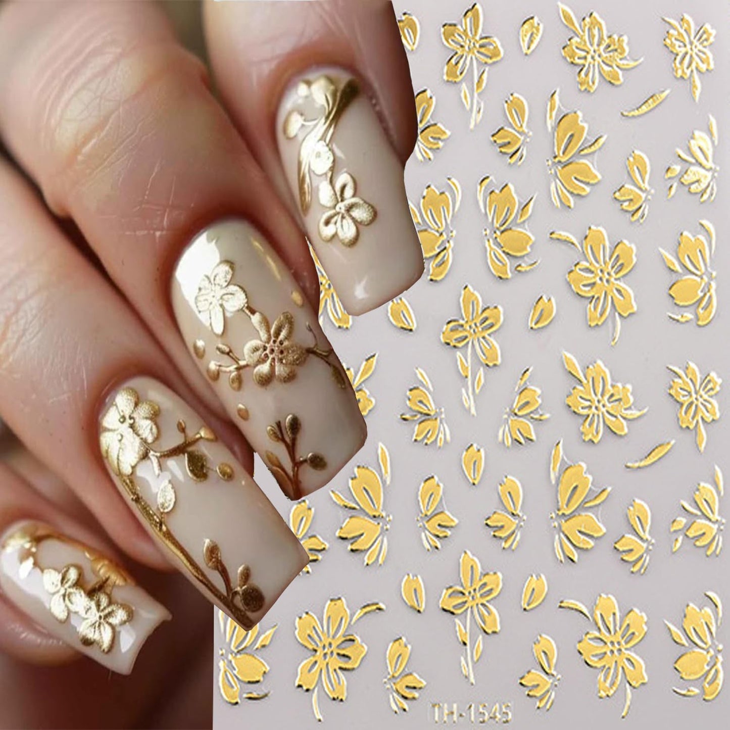 6 Sheets Gold Nail Art Stickers 3D Self -Adhesive Golden Flowers Leaves Nail Decals Holographic Hot Stamping Floral Nail Stickers Summer Blossom Nail Decoration for Women DIY Manicure Supplies-Velvo Beauty