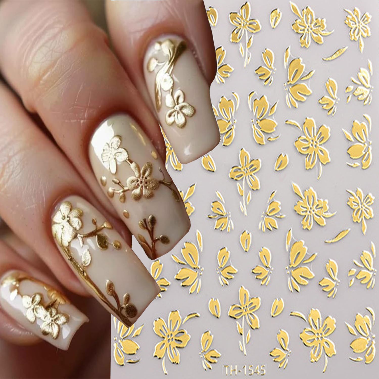 6 Sheets Gold Nail Art Stickers 3D Self -Adhesive Golden Flowers Leaves Nail Decals Holographic Hot Stamping Floral Nail Stickers Summer Blossom Nail Decoration for Women DIY Manicure Supplies-Velvo Beauty
