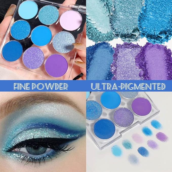 9 Colors Shimmer Matte Blue Eyeshadow Palette.Highly Pigmented Light Blue Eyeshadow Dark Blue Eye shadow Paleta.Blendability Shiny Matte Blue Makeup Powder Palet.paleta de sombras de ojos azul-Velvo Beauty