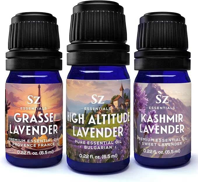 Lavender Essential Oils Collection - Grasse Lavender + High Altitude + Kashmir - Set of 3 Bottles (0.22 Fl Oz - 6.5ml Each)- 100% Pure, Natural & Undiluted - Therapeutic Grade & Vegan-Velvo Beauty