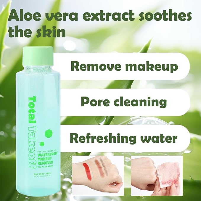 Total Takeoff Waterproof Makeup Remover – Dual-Phase Oil & Water Formula, Removes Eye & Lip Makeup, Gentle for Sensitive Skin, Aloe & Argan Oil, No-Rinse, 3.4 fl oz/100ml-Velvo Beauty