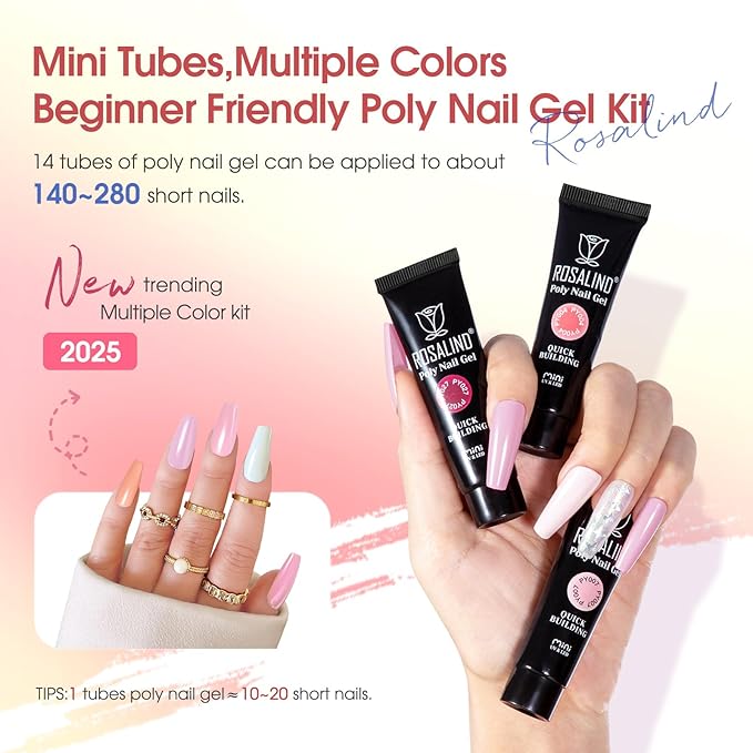 Poly Nail Gel Starter Kit -14 Colors + 75 Nails Art Accessories Kits, ROSALIND Nue Clear Poly Extension Gel with Big UV Light 48W and Electric Nail Drill Starter Kit with Everything-Velvo Beauty