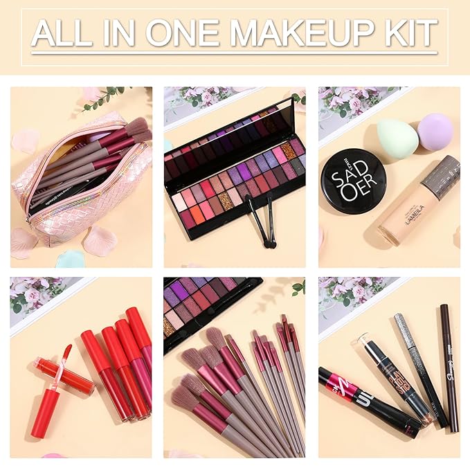 All in One Makeup Kit Makeup Kit for Women Full Kit Multipurpose Makeup Kit-Makeup Brush Set,Eyeshadow Palette,Lip Gloss Set, Makeup Bag,Eyebrow Pencil,Eyeliner pencil,Mascara,Contour Bar,Liquid foundation,concealer and Face Makeup-Velvo Beauty