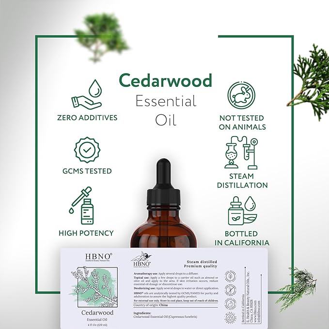 HBNO Cedarwood Essential Oil - Huge 4 oz (120ml) Value Size - Natural Cedarwood Oil - Perfect for Cleaning, Aromatherapy, DIY, Soap & Diffuser-Velvo Beauty