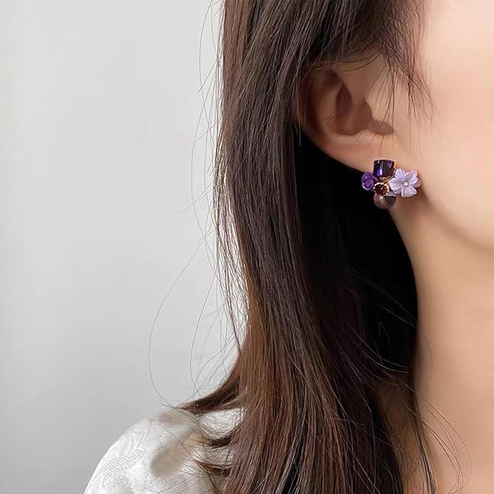 Boho Amethyst Flower Drop Earrings Vintage Purple Rhinestones Flora Petal Earrings Statement Purple Rose Studs Wedding Prom Geometric Crystal Flower Earrings Jewelry for Women-Velvo Beauty