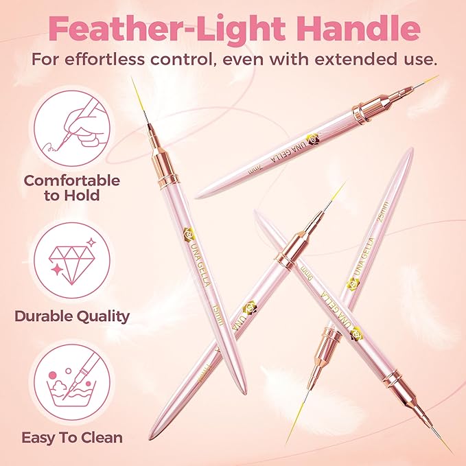 UNA GELLA Nail Art Brushes Metallic, 5 Count Liner Pens Set For Nail Art Gel Polish, Detail Nail Art Design Painting Brush Set For Nails Gel Fine Drawing Nail Tools, Sizes 7/9/11/15/25mm-Velvo Beauty