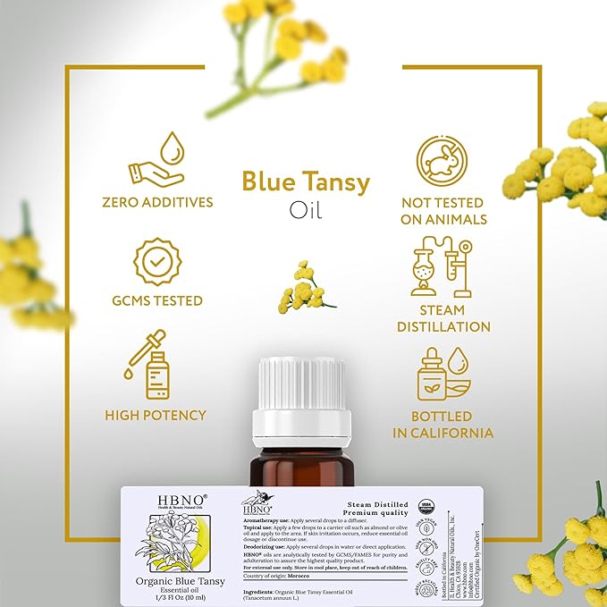 HBNO USDA Certified Organic Blue Tansy Essential Oil - 1/3 OZ (10 ml) Travel Size - Perfect for Aromatherapy, DIY, Candle Making, Soap Making, Diffusers - Blue Tansy Essential Oils-Velvo Beauty