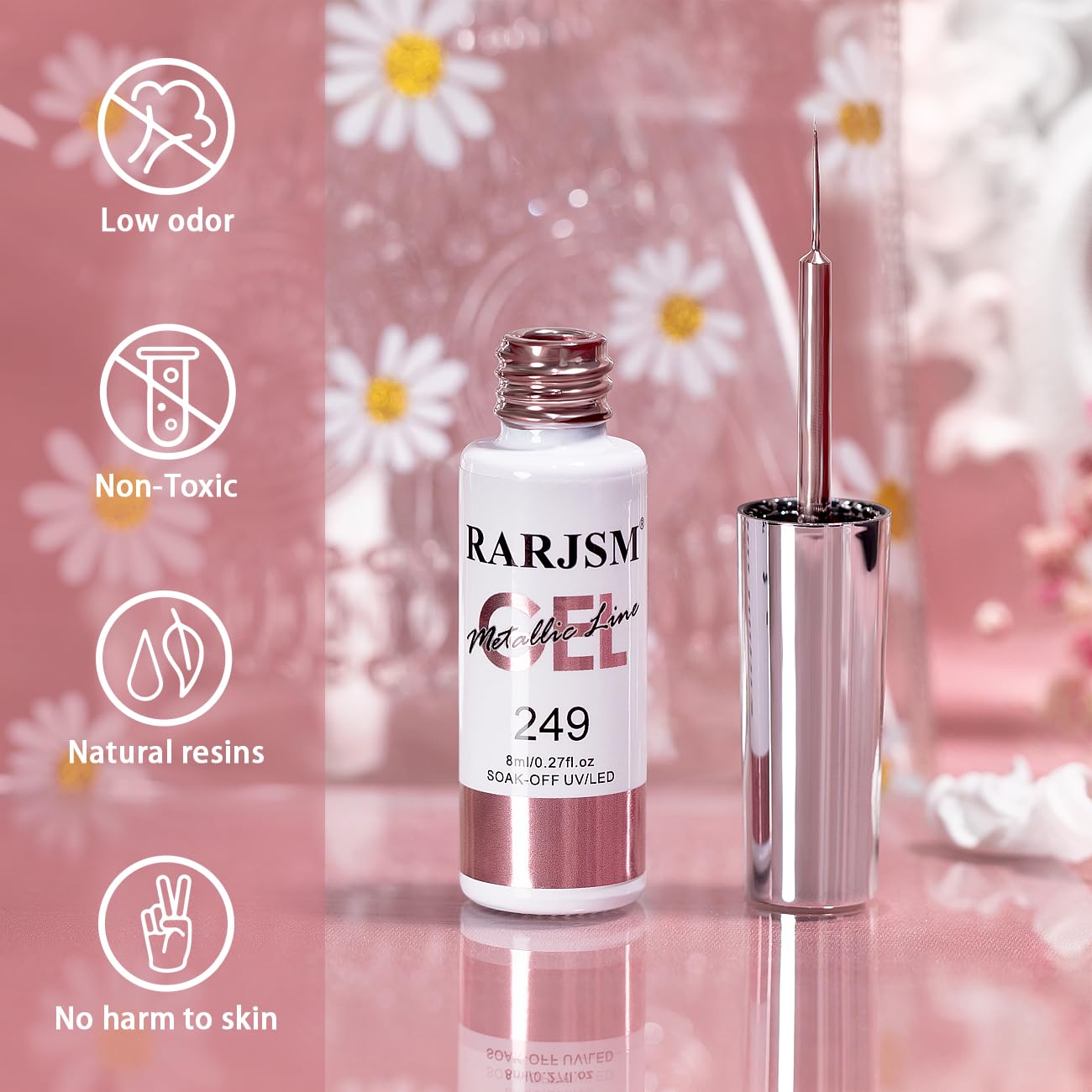 RARJSM Metallic Gel Liner Nail Art Rose Gold 3D Mirror Chrome Effect Gel Nail Polish 8ml Painting Build in Thin Brush Metal Painted Drawing Striper Gelpolish Soak off Curing Requires for Home Salon-Velvo Beauty