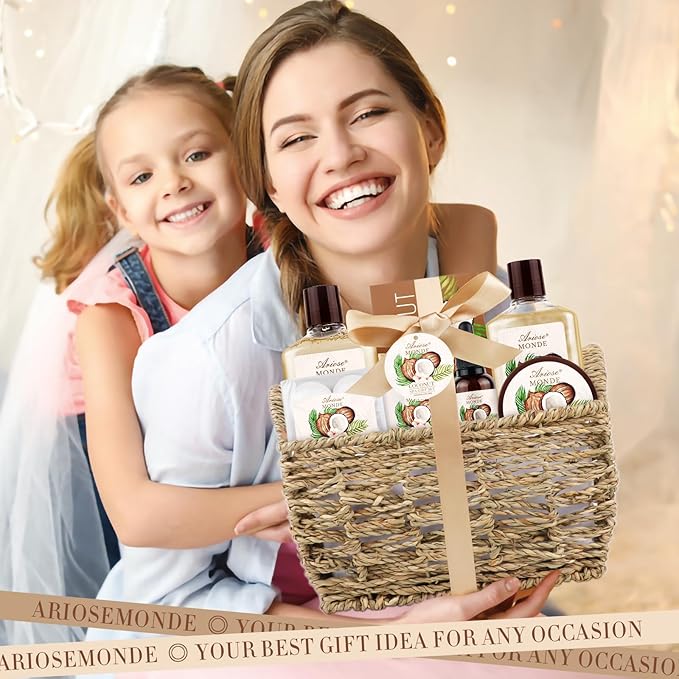 Bath & Shower Spa Basket Gift Set, Coconut Scent, with Shower Gel, Bubble Bath,Body Lotion, Bath Bomb,Bath Salt, Bath and Body Gift Box for Women-Velvo Beauty