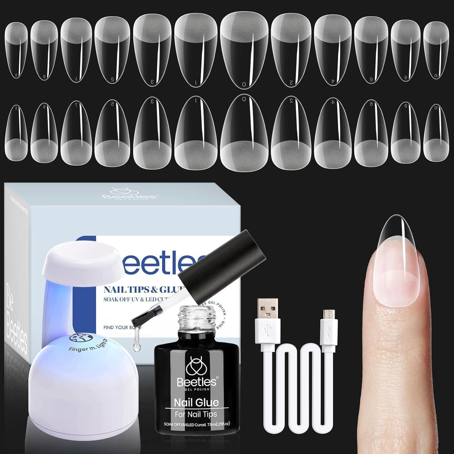 Beetles Gel Nail Extension Kit Almond Shape, Easy 9 in 1 Glue Uv Led Set Etch X Nail Tips Short Almond Half Matte Tips, Gift for Women & Girls, 504 pcs-Velvo Beauty