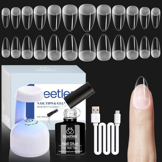 Beetles Gel Nail Extension Kit Almond Shape, Easy 9 in 1 Glue Uv Led Set Etch X Nail Tips Short Almond Half Matte Tips, Gift for Women & Girls, 504 pcs-Velvo Beauty