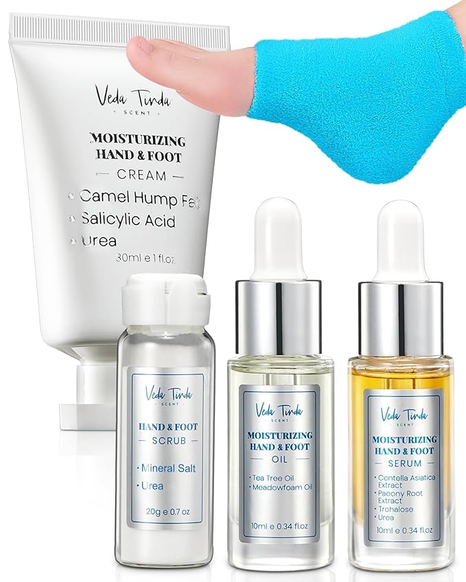 VTS Self Care Kit - Includes Moisturizing Heel Socks, Hand & Foot Oil, Salt Scrubs, Serum, Urea Cream 40 Percent - Hand Care Set, Foot Pedicure Kit for Dry Cracked Heels Feet Knees Elbows Hands-Velvo Beauty