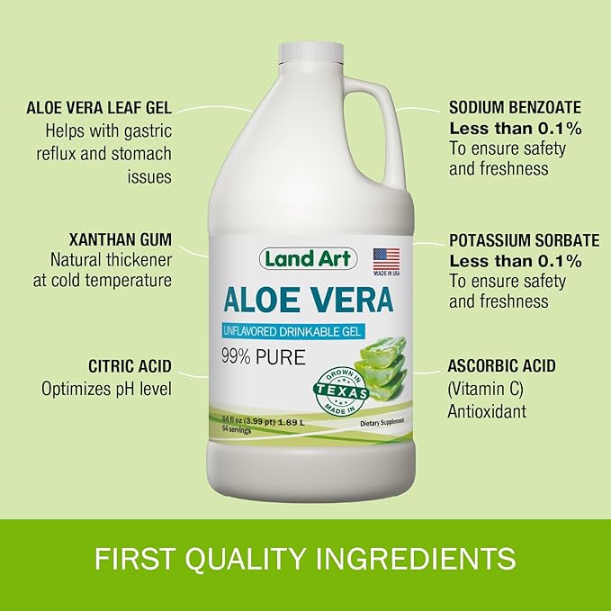 Land Art - Organic Aloe Vera Drinkable Gel for Heartburn & Acid Reflux Relief - 99.7% Pure - Cold-Processed - Improves Digestive Health - Soothing and Natural - Vegan & Gluten-Free - 64 fl oz-Velvo Beauty