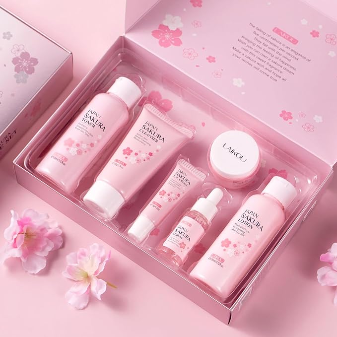 Skin Care Set JAPAN SAKURA Women Beauty Gift Sets Skin Care Kit with Cleanser, Toner, Lotion, Serum, Eye Cream, Face Cream Travel Kit for Women Teen Girls Mom Daughter TSA-friendly Sizes 6pcs-Velvo Beauty