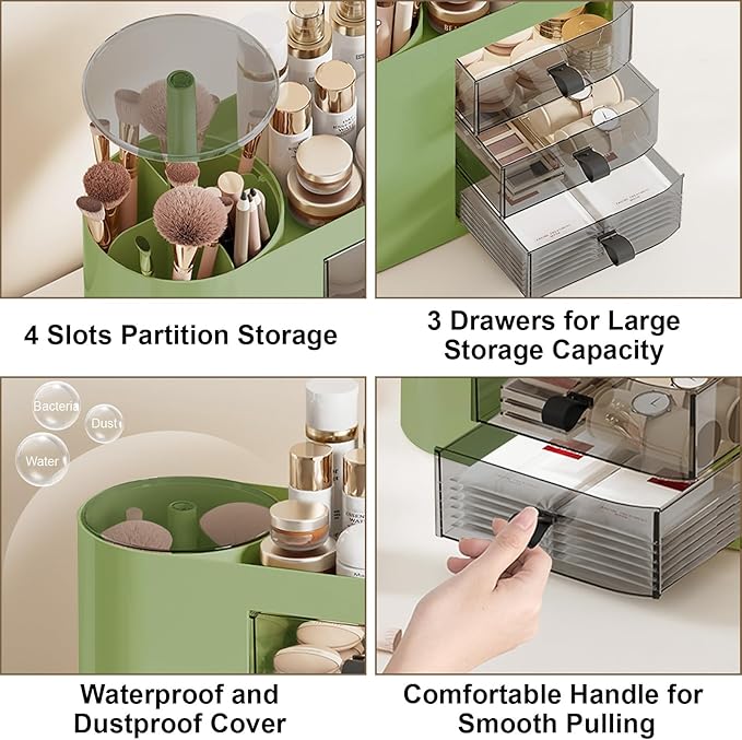 DASITON Makeup Organizer with 3 Drawers,Automatic Lifting Makeup Brush Holder with Lid,Large Capacity Makeup Organizers for Vanity,Bathroom Countertop,Ideal Storage Skin Care,Brushes,Lipstick (Green)-Velvo Beauty