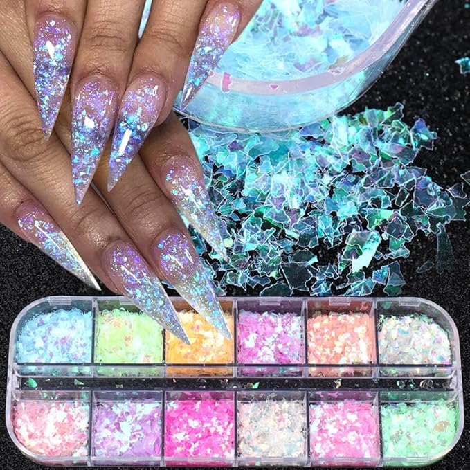 12 Colors Holographic Nail Art Glitter Sequins Iridescent Ice Slag Nail Glitter Laser Nail Art Flakes Colored Fluorescent Glass Paper Nail Sticker Decoration for Face Hand Body Make-Up DIY-Velvo Beauty