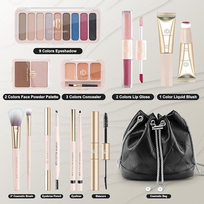 Color Nymph Girls Makeup Kit for Teens Girls with Cosmetic Bag, Full Face Makeup Kit For Women included 9 Color Eyeshadow Palette Concealer Liquid Blush Eyeliner Lipgloss-Velvo Beauty