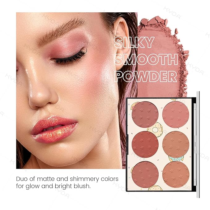 KYDA 6 Colors Blush Palette, Matte and Shimmer Blush Palette, Smooth Blendable Powder, Multiuse Blusher Makeup with Contour Highlighter-Set A-Velvo Beauty
