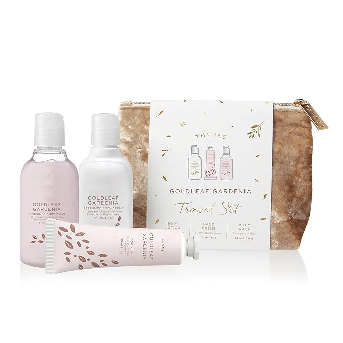 Thymes Perfumed Travel Set and Beauty Bag - Contains Body Wash, Body Lotion & Hand Cream - Goldleaf Gardenia-Velvo Beauty