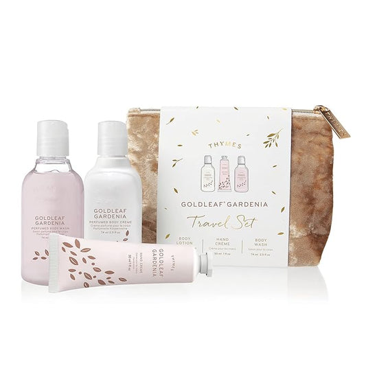 Thymes Perfumed Travel Set and Beauty Bag - Contains Body Wash, Body Lotion & Hand Cream - Goldleaf Gardenia-Velvo Beauty