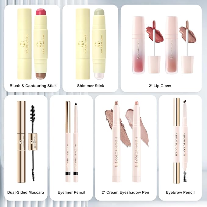 Color Nymph Makeup Kit for Girls Beginner Makeup Gift Set with Portable Bag Include 2 Color Lip Gloss, Eyeshadow Pen, Blush & Contouring, Highlight, Mascara, Eyebrow Pencil-Velvo Beauty