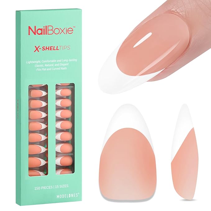 modelones French Tip Press on Nails, 150Pcs M-Almond Fake Nails with Nail Box, Deep Nude Gel Nail Tips for Women, Soft Glue-On Nails for Natural Salon Look, DIY Nail Art Kit (15 Sizes)-Velvo Beauty