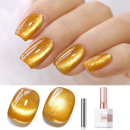 Double Rhythm Jelly Glass Cat Eye Gel Polish with Magnet 15ML Holographic Glitter Shimmer Translucent Sheer Color Magnetic Nail Polish Salon DIY at Home (Gold Cat-MC1025)-Velvo Beauty