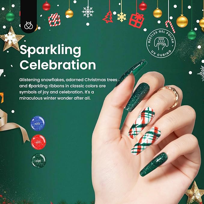 Beetles Glitter Gel Nail Polish, 6 Colors Red Green Gel Nail Polish Set Soak Off Uv LED Nail Lamp Reflective Glitter Nail Art DIY Home Nails Manicure Gifts for Women Her Girls-Velvo Beauty
