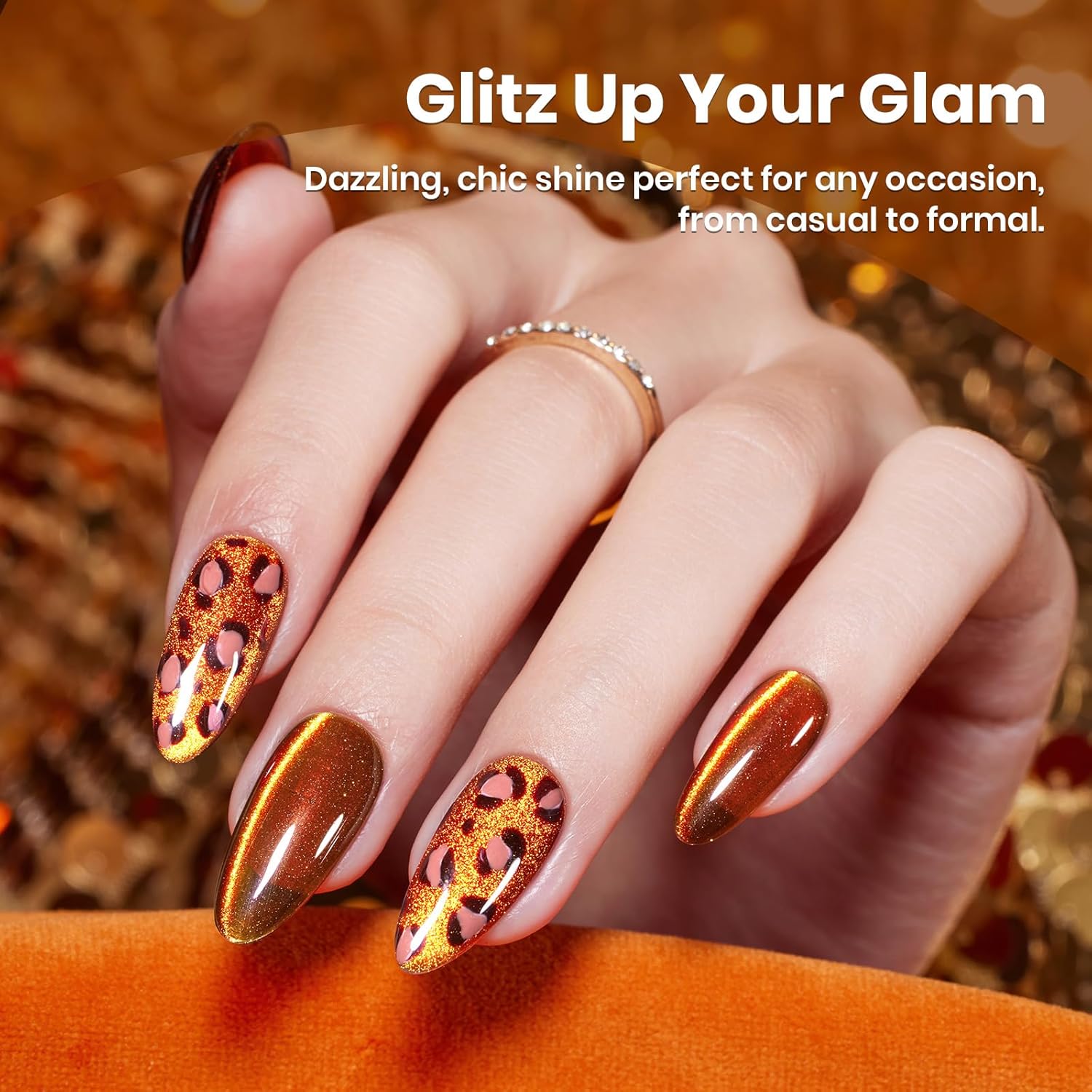 Beetles Brown Cat Eye Gel Nail Polish - Amber Glint Cat Eye Gel Polish, 15ML Fall Brown Gold Powder Magnetic Glitter Gel Polish Soak Off UV French Nail Art Salon DIY Manicure Gift for Women-Velvo Beauty