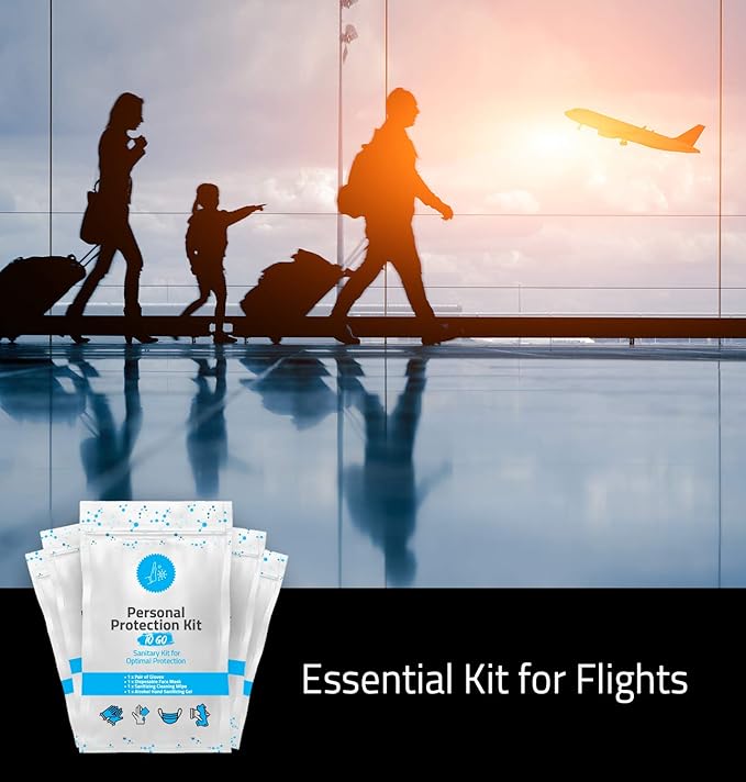 Personal Protection Kit TO GO, Mini 4 Item PPE Kit for travel and school | Includes 1 Each of Face Covering, Gloves, Cleansing Wipes & Hand Cleansing Gel | 10 - Pack (Light Blue)-Velvo Beauty