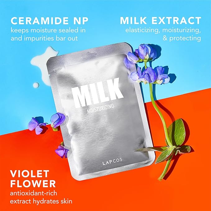 LAPCOS Milk Sheet Mask, Moisturizing Daily Face Mask to Replenish and Restore Dry Skin, Korean Beauty Favorite, 5-Pack-Velvo Beauty