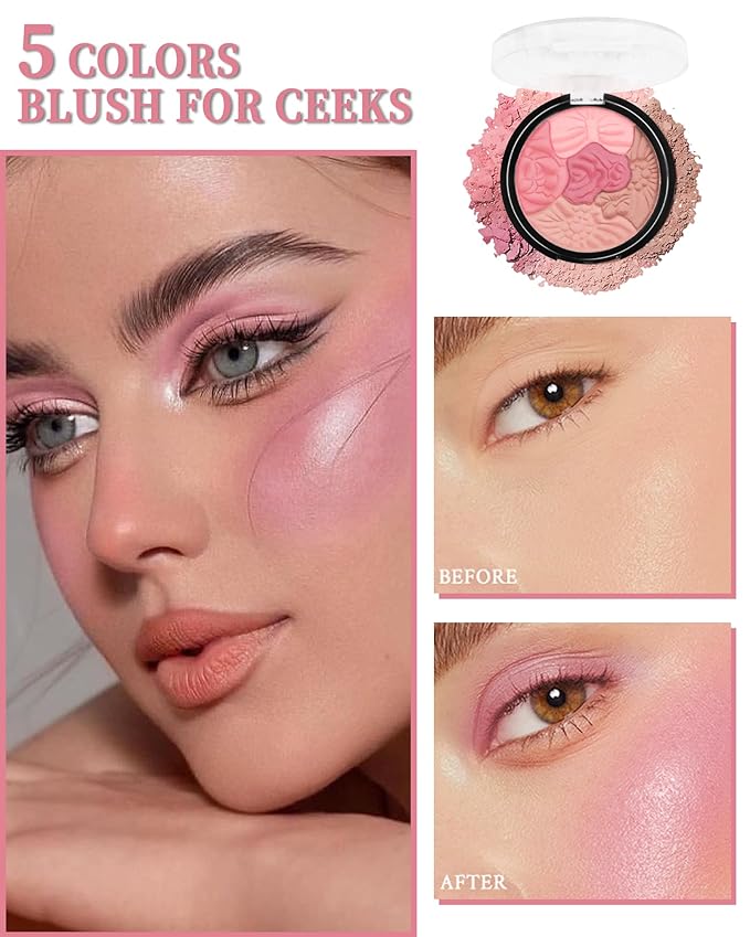 Flower Blush for Cheeks, Matte Shimmer Face Blush Powder, Eyeshadow Contour Multiuse Facial Make up Palette,Long Lasting Waterproof Embossed Blusher,Mother's Day Makeup Gift for Women-03#Rose Red-Velvo Beauty