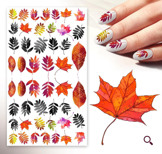 Nail Stickers Decal Transfers (5 Sheets) FLONZNAIL Autumn Leaves Vintage Watercolor Illustration-Velvo Beauty