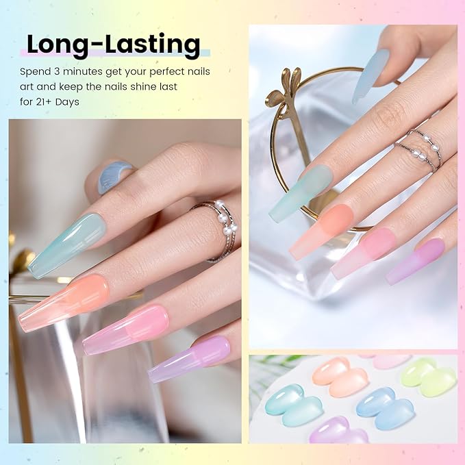 RARJSM Pastel Stained Glass Gel Nail Polish Set 6pcs Clear Orange Yellow Blue Pink Purple Crytal Transparent Jelly Series Sheer Amber Gel Varnish LED UV Curing Requires Spring Easter French Manicure-Velvo Beauty