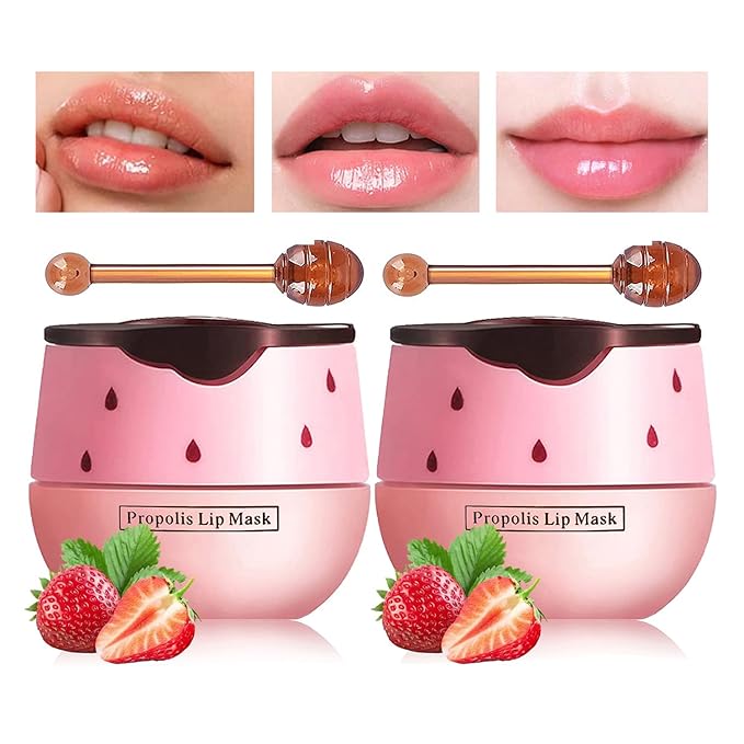 Honey Lip Balm Pot, Propolis Lip Mask, Strawberry Hydrating Propolis Lip Sleeping Mask, Prevent Dry&Cracked, Lip Repair Nourishes the Lip Skin (2pcs Strawberry)-Velvo Beauty