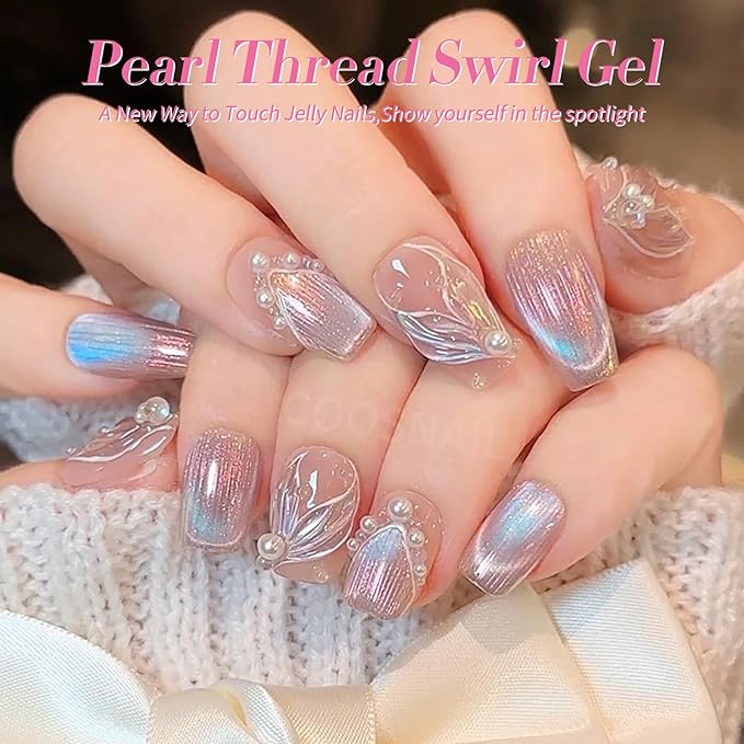 Born Pretty Pearl Gel Nail Polish Aurora Iridescent Glitter Shimmer Mermaid Pearl Gel Polish Drawing Gel Nail Polish Shell Swirl Thread Effect Nail Gel Soak Off Led Summer DIY Gift 6PCS-Velvo Beauty