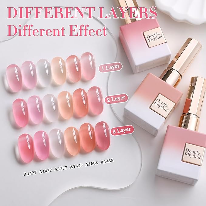 Double Rhythm 6 Pcs 15 ML Gel Polish Set Same Color Same Bottle Soak Off Gel Polish Kit Nail Art Manicure Salon DIY at Home for Women (Jelly Milky White Nude Pink Rose-T6-23)-Velvo Beauty