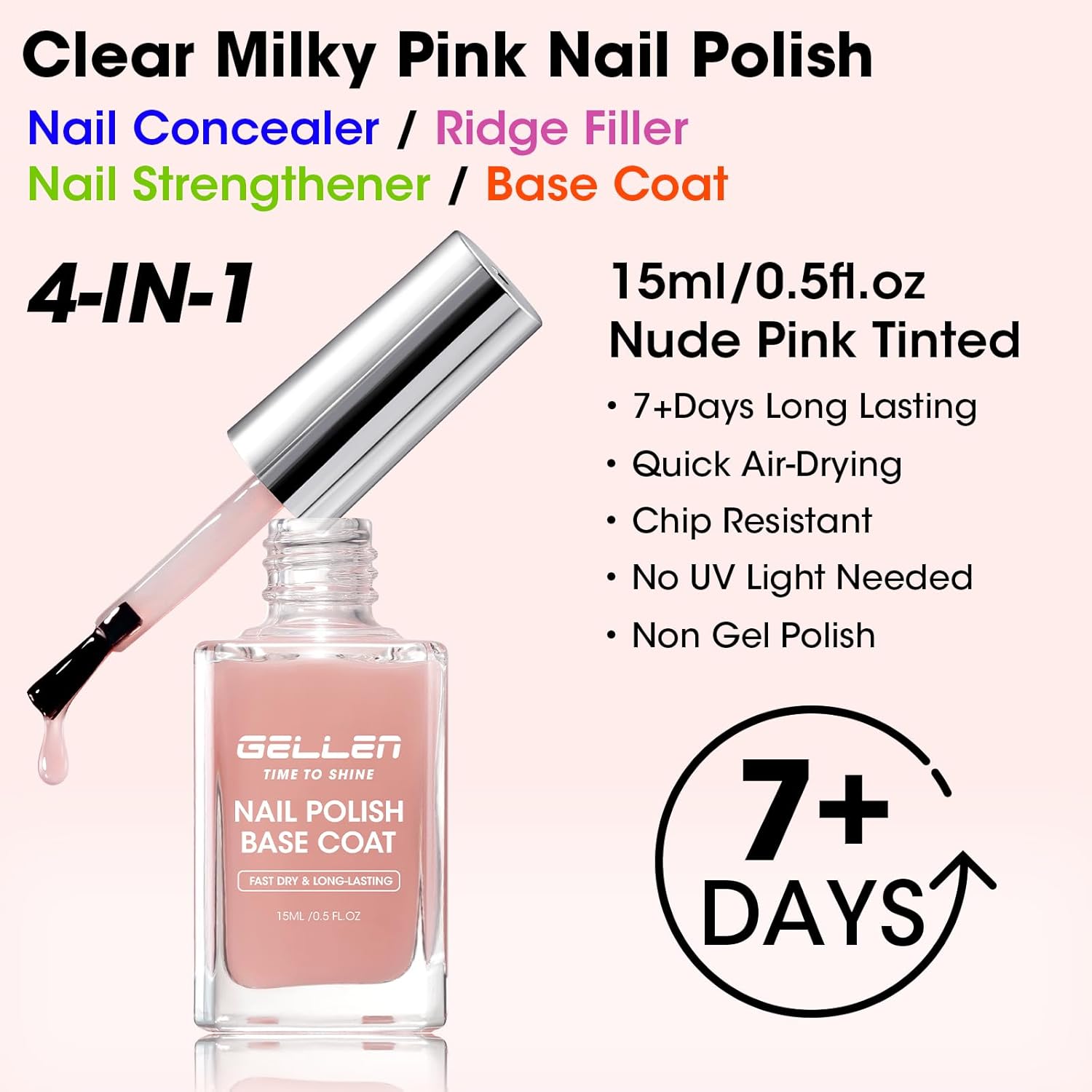 GELLEN 4‑in‑1 Clear Nail Polish Base Coat Sheer Tinted Natural Pink, Ridge Filler, Nail Strengthener & Concealer, Calcium Formula Strengthens Nails, Enhances Natural Look, No HEMA, Anti-yellowing-Velvo Beauty