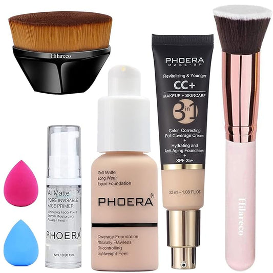PHOERA Foundation,PHOERA CC+ Cream Color Correcting Anti Aging Hydrating Serum &SPF 25+,PHOERA Primer,PHOERA Makeup,Kabuki Makeup Brushes Foundation Brush Powder (101 Porcelain+100 Porcelain CC Cream)-Velvo Beauty