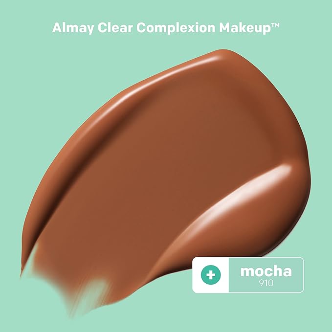 Almay Clear Complexion Acne Foundation Makeup with Salicylic Acid - Lightweight, Medium Coverage, Hypoallergenic, Fragrance-Free, for Sensitive Skin, 910 Mocha, 1 fl oz.-Velvo Beauty