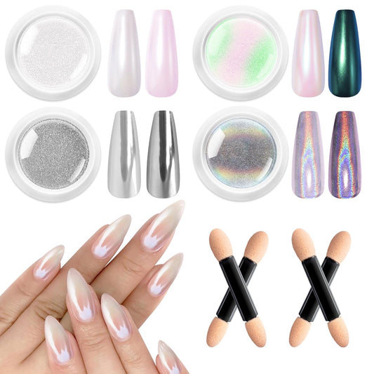 4pcs Chrome Nail Powder: Upgrade Silver Mermaid Effect White Chrome Nail Powder,Iridescent Aurora Holographic Nail powder Kit for DIY Nail Art Decorations(Laser,Green)-Velvo Beauty
