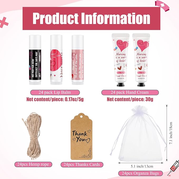 Nurse Appreciation Gifts Set Thank You Gifts Lip Balm Hand Cream for Dry Cracked Hands with Organza Bags Thank You Tags Jute for Party Holiday Nurse' Day(24 Sets)-Velvo Beauty