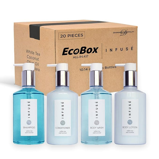 A 20 Piece Ecobox All-In-Kit of our Infuse | White Tea and Coconut Soap | 6 Shampoo, 4 Conditioner, 6 Body Wash & 4 Lotion | 10.14 oz Hotel Soaps and Toiletries Bulk | Personal Care Products-Velvo Beauty