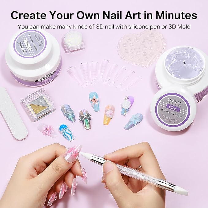 MIZHSE 2PCS 60g Clear and White Solid Builder Gel for Nails, 3D Sculpting Gel for Nail Art with Gold Silver Chrome Powder Nail Form Molding Builder Gels Kit for Women Home DIY Manicure-Velvo Beauty