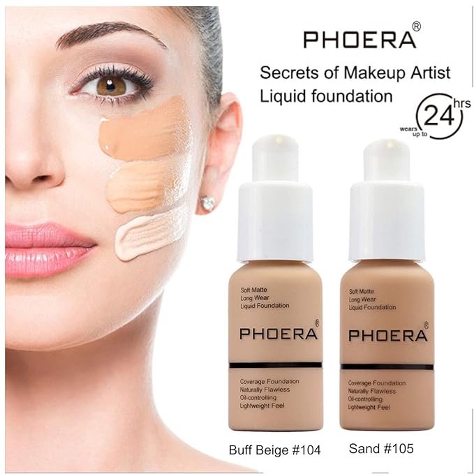 2 Pcs Liquid Foundation Full Coverage 24HR 30ml Matte Oil Control Foundation Makeup Concealer (Buff Beige & Sand) with Kabuki Foundation Brush Flat Top-Velvo Beauty