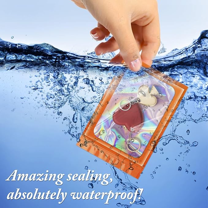 ANZNKU 100 Pcs Smell Proof Mylar Resealable Bags, Holographic Packaging Bags, Resealable Odor Foil Pouch Zip Bag with Clear Window for Food Storage and Lipgloss, Jewelry Lash (Orange, 4.7 x 7.9 Inch)-Velvo Beauty