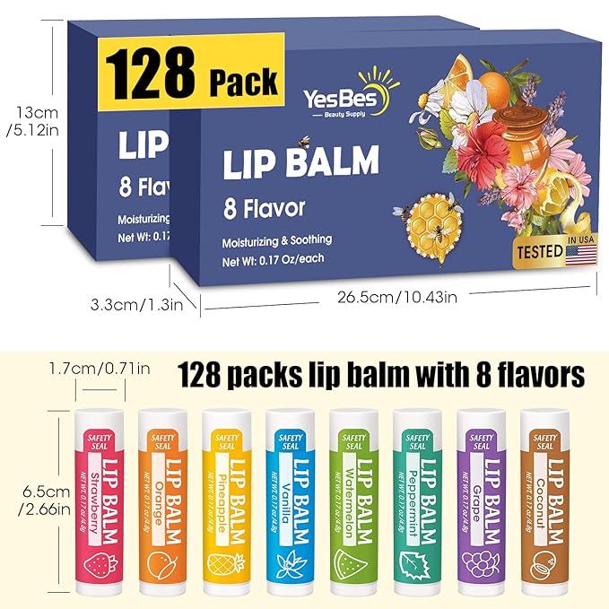 128 Pack Lip Balm, Natural Lip Balm Bulk with Vitamin E and Coconut Oil, Moisturizing Lip Balm for Dry Cracked Lips, Lip Balm for Stocking Stuffers - 8 Flavors-Velvo Beauty